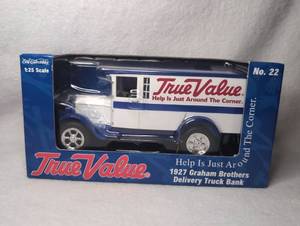 lot 1813 image: True Value 1927 Graham Brothers Delivery Truck Bank 125 Scale Die Cast Model No. 22