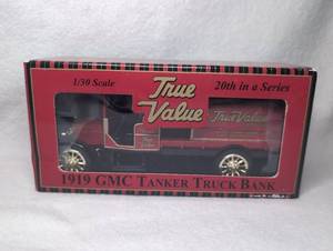 lot 1816 image: True Value 1919 GMC Tanker Truck Bank 130 Scale Die Cast Model #20