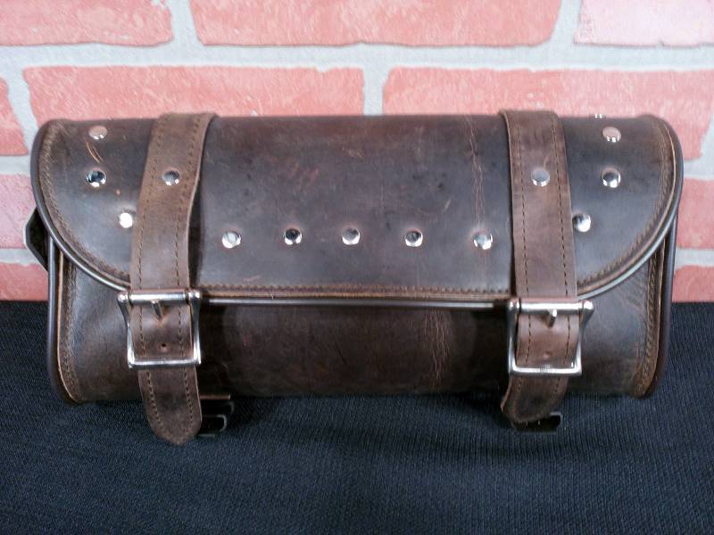 lot 99 image: Unik International Studded Distressed Brown Genuine Leather Motorcycle Tool Bag
