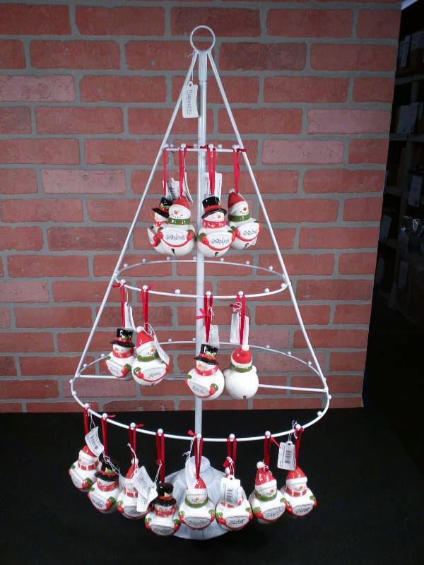 lot 144 image: Metal Ornament Display Tree & Personalized Ceramic Snowman Bell Ornaments
