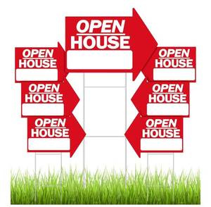 lot 5836 image: Juexica 7 Pcs Open House Signs for Real Estate 18 x 24 Inches Arrow Shape Directional Double Sided Real Estate Signs Weather Proof with H Wire Stakes for Agent Supplies(Red)