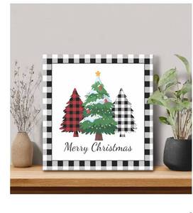 lot 5874 image: YOKOU Canvas Wall Art, Merry Christmas Trees Black White Buffalo Check Plaid Square Framed Painting Pictures Print On Canvas for Kitchen Living Room Home Decoration, 20x20 Inches