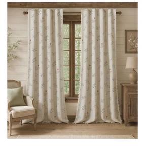 lot 5876 image: Farmhouse Floral Curtains 96 Inches Long 100% Blackout Living Room Drapes, Linen Blend Bohemian Window Curtain Panels with Tassel Bedroom 2 Panels Thermal Insulated Room Darkening