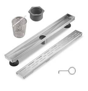 lot 5891 image: Linear Shower Drain, 24 inch Shower Drain with Removable Pattern Cover, Brushed Nickel 304 Stainless Steel Rectangle Floor Drain, Adjustable Feet and Hair Strainer Included (Model 101)