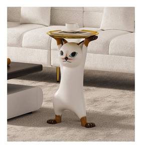 lot 4000 image: homary Cat Side Table with Gold Tray Resin Animal Figurine End Table, Small Coffee Table