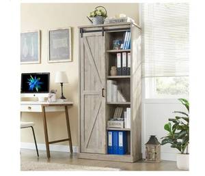 lot 4005 image: 72-inch tall farmhouse bookcase, 32-inch wide large wooden bookcase with sliding barn door, 5-tier storage cabinet with adjustable shelves, modern and versatile cabinet for living room, bedroom,