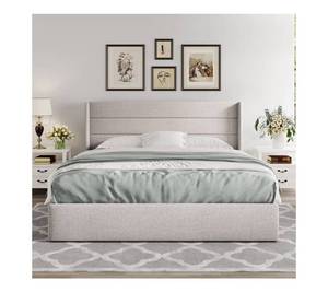 lot 4029 image: Allewie King Size Lift Up Storage Bed, Modern Wingback Headboard, Hydraulic Support, No Box Spring Needed, Light Beige