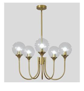 lot 4039 image: Modern Chandelier Brushed Brass Mid Century Gold Pendant Ceiling Light Fixture 5-Lights Clear Glass Globe Chandelier Adjustable Height for Stairway, Dining Table, Kitchen Island, Living Room