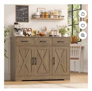 lot 4040 image: Homfa 42.5&nbspKitchen Buffet Sideboard Cabinet, 3 Drawers Farmhouse Storage Cabinet with Adjustable Shelf, Rustic Brown