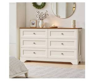 lot 4042 image: Farmhouse Dresser for Bedroom, 52 Wide 6 Drawer Storage Dresser with Vintage Metal Handles, Deep Chest of Drawers for Bedroom, Living Room, Hallway or Entryway, White