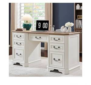 lot 4049 image: 60 Executive Desk with Drawers,Wood Home Office Desk, Featuring Keyboard Tray,Charging Station,File Drawer, Storage Cabinet,for Work and Study (Antique White