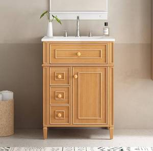 lot 2309 image: Bathroom Vanity with Sink 24 Inch, Tip-Out Drawer and Door Rack, Adjustable Shelf, Soft-Closing System, Solid Wood Legs, Wood