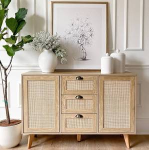 lot 2312 image: PHI VILLA Rattan Cabinet - Sideboard Buffet Accent Cabinet with Doors and Drawers, Rattan Console Table