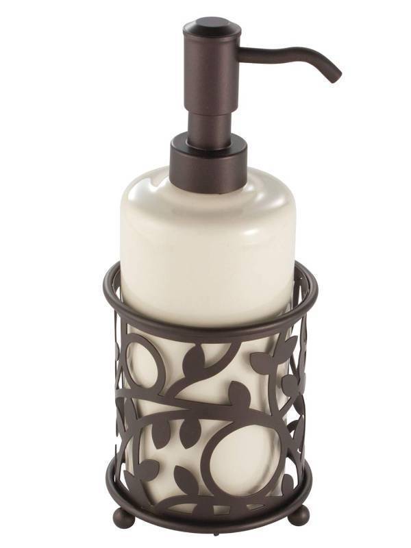 lot 2036 image: iDesign Ceramic Soap Dispenser Pump, The Vine Collection - 13oz, 3.5 x 3.5 x 8.75, Vanilla and Bronze - Retail $16
