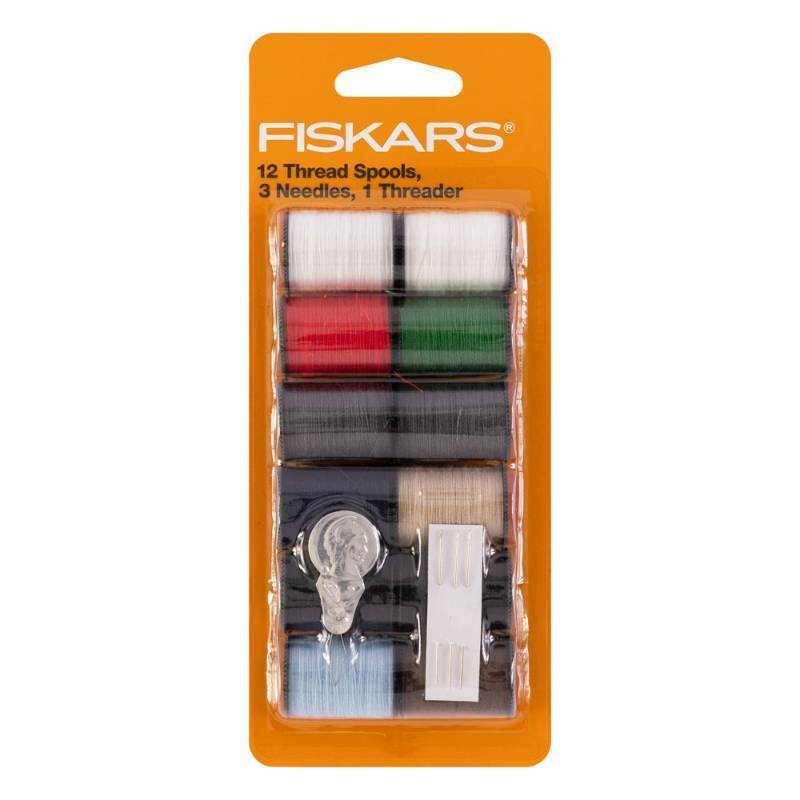 lot 2037 image: Fiskars 16pc Hand Sewing Kit 12 Polyester Threads, 3 Needles, 1 Threader - Retail $12