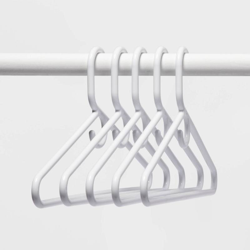 lot 2039 image: 5pk Super Heavyweight Plastic Hanger White - Room Essentials�� Heavy Duty Clothes Storage & Organization Hangers - Retail $13