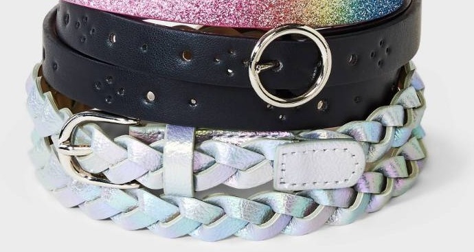 lot 2112 image: Girls 2pk Rainbow Belt Set - Cat & Jack�� S Adjustable Skinny Belts with Buckle Closure, Kids Apparel Accessories - Retail $12