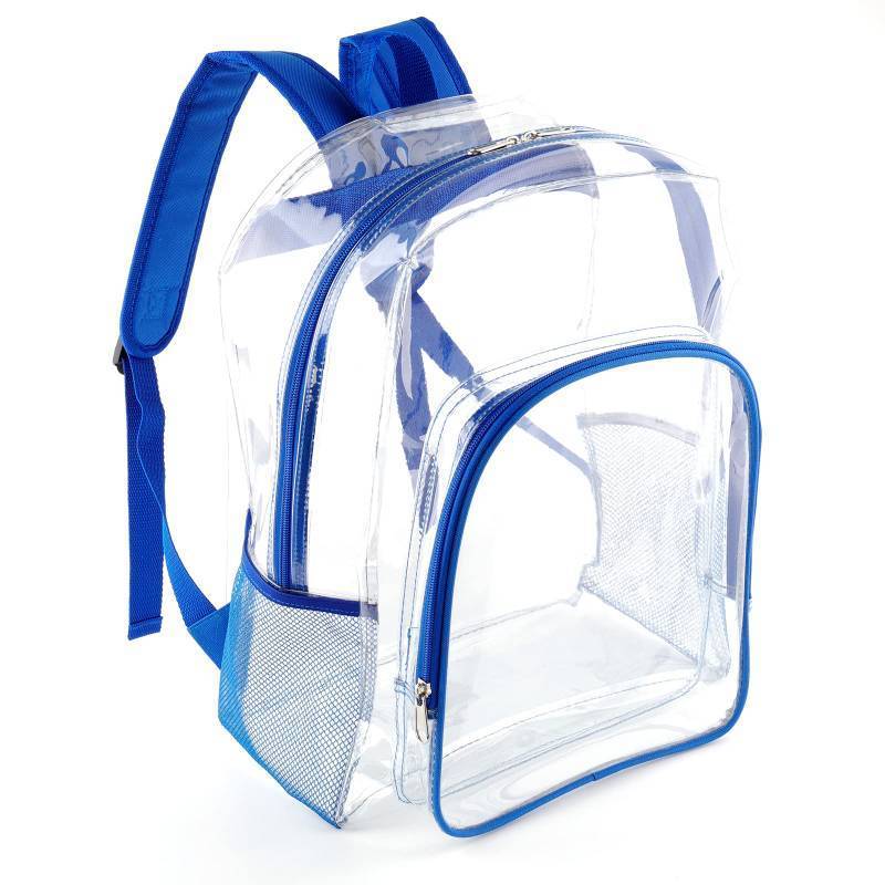 lot 2064 image: Clear Backpack See Through Clear Bookbags for School Work College Sports Game (Blue) 16 Inch - Retail $10