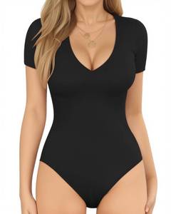 lot 2128 image: MANGOPOP V Neck Bodysuits for Women Short Sleeve Body Suits Basic Top Casual Shirt, Black, Medium - Retail $20