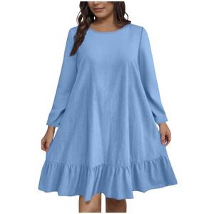 lot 2135 image: Urban Coco  Womens A-Line Ruffle Hem Knee Length Dress 2025 Fall Casual Long Sleeve Crewneck Pullover Cute Babydoll Dresses Blue - Retail $19