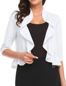 lot 2138 image: Womens Open Front Cropped Cardigan 34 Sleeve Casual Shrugs Jacket Draped Ruffles Lightweight Sweaters (White, Medium) - Retail $20