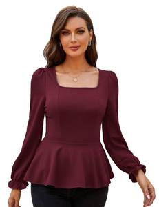 lot 2145 image: Womens Elegant Vintage Square Neck Tops Lantern Long Sleeve Ruffle Peplum Blouse Shirt Wine Red L - Retail $35