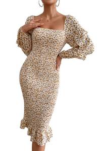 lot 2177 image: PRETTYGARDEN Womens Long Puff Sleeve Floral Midi Bodycon Dresses Square Neck Ruffle Mermaid Smocked Dress (White Yellow,X-Large) - Retail $12