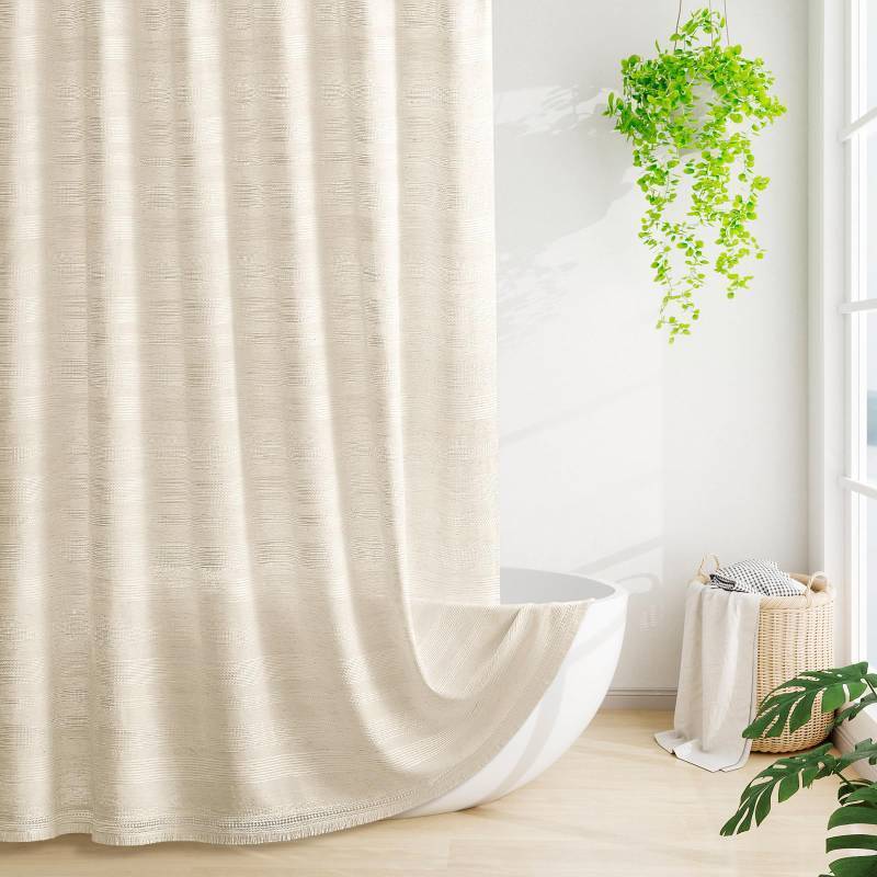 lot 1150 image: Room Essentials Boho Farmhouse Shower Curtain Set with Buttonhole Top Bohemian French Country Chic Bathroom Shower Curtain Set, Modern Herringbone Textured Shower Curtain 72x72 - BeigeCreamTan - Retail $22