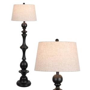 lot 1204 image: Bridgeport Designs Black Resin Candlestick Floor Lamp Farmhouse Rustic Traditional Standing Lamp for Living Room with Beige Linen Empire Shade LED Bulb Included JYL3000B - Retail $266