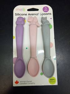 lot 1028 image: Melii Silicone Animal Spoons 3-Pack Baby Feeding Set - Retail $12