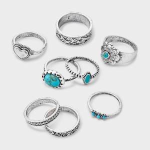 lot 1032 image: Western Stone Ring Set 8pc - Wild Fable Silver Stacking Rings, Sizes 7-9, 25% Recycled Zinc, 20mm Diameter - Retail $10