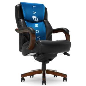 lot 1168 image: La-Z-Boy Delano Big and Tall Executive Office Chair - Ergonomic Lumbar Support Memory Foam - Bonded Leather Desk Chair for Home Office - Mahogany Wood Arms - Black - Retail $442