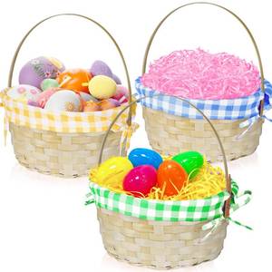 lot 1184 image: 2 PCS Easter Bamboo Baskets with Plaid Lining and Handle Easter Bunny Gifts for Easter Egg Hunt, Kids Party Treats, Filling with Party Favors, Spring Party Favors, Outdoor Activity Prizes - Retail $22