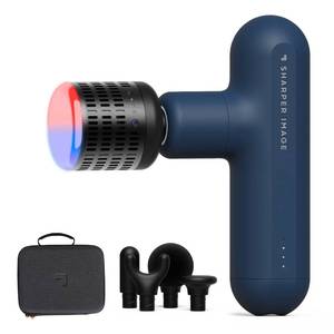 lot 1206 image: Sharper Image Deep Tissue Percussion Massage Gun, Powerboost Move Evo Hot & Cold Rechargeable Handheld Massager, 4 Adjustable Speeds, 5 Attachment Heads & Carrying Case, for Muscle Pain Relief, Black - Retail $100