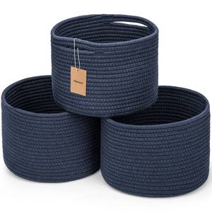 lot 1225 image: Maxuni Small Rope Baskets for Storage, Baskets for Gifts Empty, Cute Round Woven Baskets, Decorative Shelf Basket 9.82�9.82�7.1, Cotton Toy Basket Storage Bins for Organizer 3 Packs Navy Blue - Retail $22