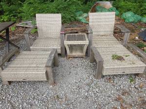 lot 24978 image: Wicker Patio Chairs and Side Table Set with Wood Frame