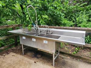 lot 612700 image: Commercial Stainless Steel 3-Compartment Sink with Pre-Rinse Faucet