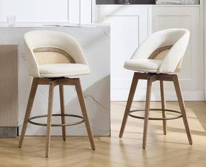 lot 331170 image: Retails for $250 EALSON Swivel Bar Stools Set of 2 26 Farmhouse Linen Fabric Upholstered Counter Height Bar Stools Modern Barstools with Rattan Backs and Bentwood Frame Bar Chairs for Kitchen IslandPub, Beige