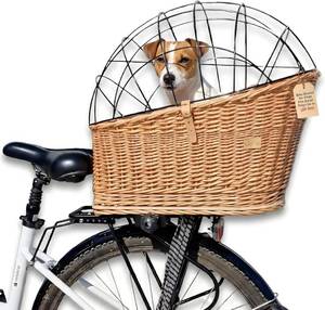 lot 371271 image: Retails for $130 Wiklibox Natural Wicker Dog Bike Basket - 100% Organic Rattan Pet Carrier with Protective Grille - Eco Friendly Design - Soft Cotton Cushion