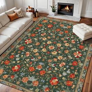 lot 301447 image: Retails for $190 10x13 Area Rugs for Bedroom Boho Washable Rug for Living Room Deer Green Floral Vintage Boho Farmhouse Green Multi Flowers Leaves Soft Rubber Backed Non-Slip Carpet for Dining Room Office