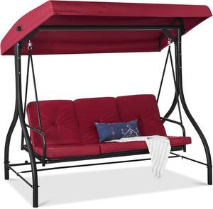 lot 342081 image: Retails for $225 Best Choice Products 3-Seat Outdoor Large Converting Canopy Swing Glider, Patio Hammock Lounge Chair for Porch, Backyard wFlatbed, Adjustable Shade, Removable Cushions - Burgundy