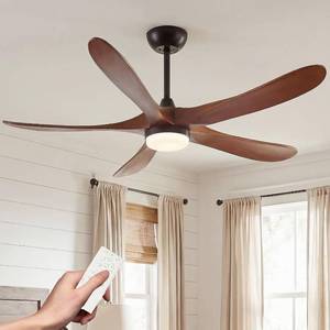 lot 142141 image: Retails for $180 52 Solid Wood Ceiling Fan with LED Light & Remote Control, IndoorOutdoor 5-Blade Quiet DC Motor for Patio Bedroom Living Room, Modern Farmhouse Style