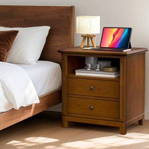 lot 231445 image: Retails for $140 Farmhouse Nightstand with Charging Station, Solid Wood End Table with 2 Large Drawers & Open Shelf, Bedside Table with USB Ports and Outlets, Rustic Wood for Bedroom