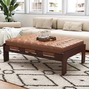 lot 242092 image: Retails for $300 chairus 47.75 Large Rectangle Ottoman Coffee Table, Tufted Faux Leather Upholstered Living Room Coffee Table with Solid Wood Frame, Oversized Mid-Century Modern Footrest Ottoman, Brown PU