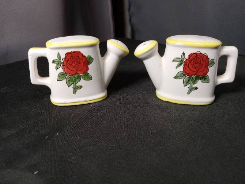 lot 40823 image: Ceramic Rose Pattern Salt and Pepper Shaker Set with Yellow Trim