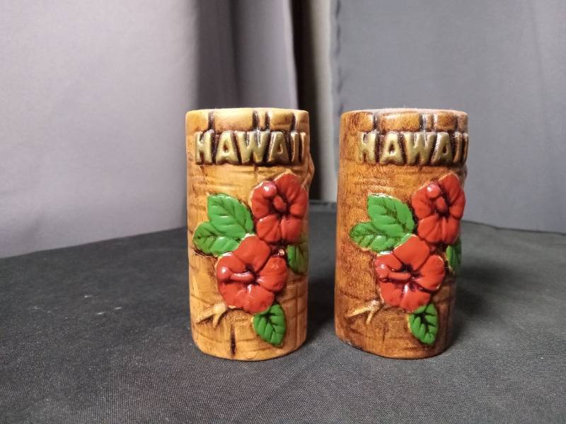 lot 40812 image: Hawaii Wooden Salt and Pepper Shaker Set with Hibiscus Flowers