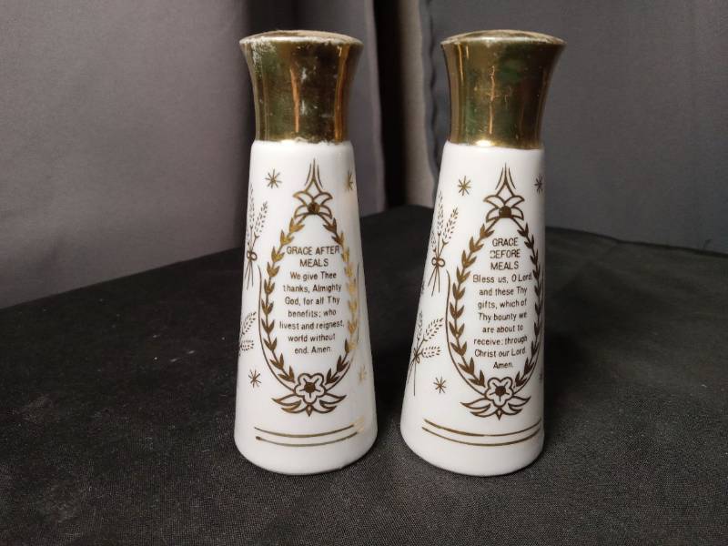 lot 40826 image: Grace Before Meals Salt and Pepper Shakers with Gold Trim