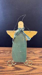 lot 5310 image: Handmade Wooden Angel Ornament with Fabric Scarf