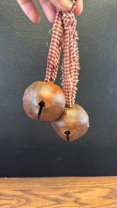 lot 5322 image: Rustic Metal Sleigh Bells with Red Gingham Ribbon