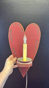 lot 5334 image: Red Heart Shaped Wood Electric Candle Holder with Floral Design